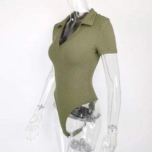 Side view of grass green ribbed bodysuit featuring polo collar and sexy v-neckline