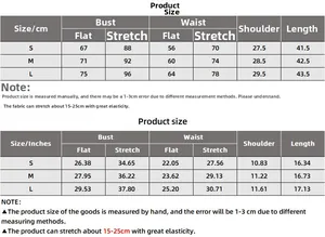 Detailed size chart for slim fit ribbed crop top showing chest and waist measurements