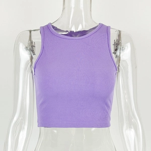 Detail of purple cotton ribbed knit texture and stitching on a slim-fit crop tank top