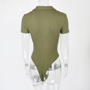 Rear view of olive green ribbed knit bodysuit featuring a polo collar and slim fit cut