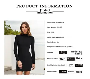 Detail page showing size chart and fabric composition of rib knit long sleeve dress