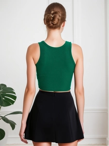 Close-up back view of a slim-fit ribbed cotton tank top in deep green color