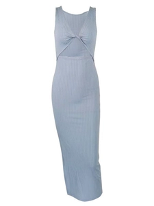 Light blue knit sleeveless maxi dress with a deep V-neck, twist knot and side split