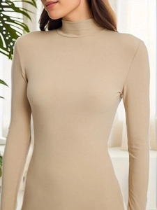 Slim fit rib-knit turtleneck mini dress in beige with long sleeves for women