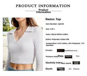 Detail of white ribbed cotton polo crop top showing stretch fabric and V-neckline texture