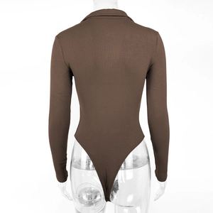 Detailed back view of a slim-fit ribbed knit long-sleeved bodysuit in deep coffee brown