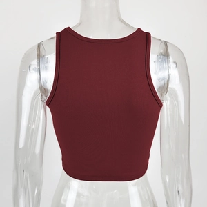 Detailed back view of dark red ribbed knit sleeveless crop top on mannequin
