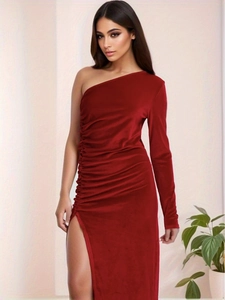 Women Sexy One Shoulder Ruched Velvet Evening Dress Long Sleeve High Split Slim Fit Party Cocktail Midi Dress