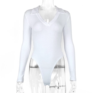 Detail shot of the white ribbed knit fabric and polo V-neckline of this slim-fit bodysuit
