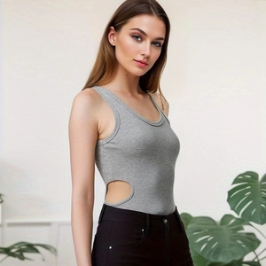 Women Sexy U-Neck Side Cut-Out Ribbed Bodysuit Sleeveless Slim Fit Rayon Spandex Stretch Leotard Top Summer Streetwear