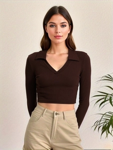 Women's dark brown ribbed knit cropped long sleeve polo top with V-neck collar