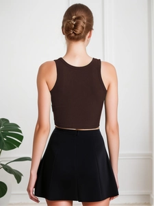 Rear view of women's ribbed racerback tank top in dark brown with a modern V-neck cut