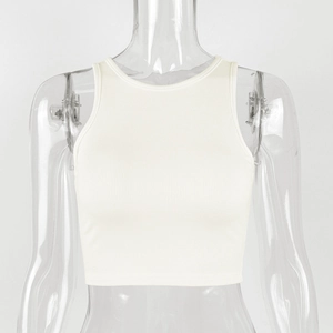 Detail of cream white ribbed knit cotton cropped tank top showing fabric texture