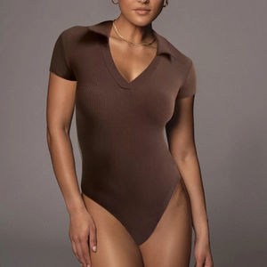 Women Sexy Ribbed Polo Neck Bodysuit Rayon Spandex Slim Fit V-Neck Short Sleeve Jumpsuit Solid Color Summer Top