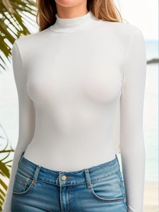 Justaucorps Femme Col Montant Tricot à Côtes Manches Longues Sexy Coupe Ajustée Viscose Élasthanne Couleur Unie
