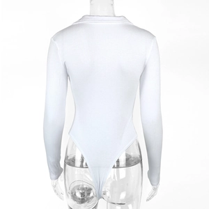 Close-up back view of white ribbed long sleeve bodysuit with high-cut design