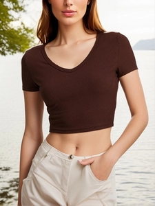 Top Corto a Costine da Donna Sexy Slim Fit Scollo a V Manica Corta in Maglia a Costine Rayon Elastan Tinta Unita Basic Casual