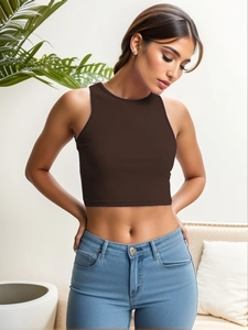 Detail of dark brown ribbed crop top with a slim fit cut and classic round neckline
