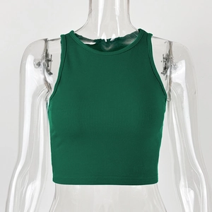 Detail of dark green ribbed knit fabric on a slim fit cropped tank top for women