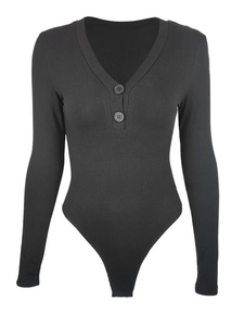 Bodysuit noir côtelé ajusté avec décolleté en V profond et boutons décoratifs