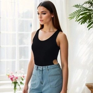 Detail of black ribbed bodysuit featuring a side cutout design and u-neckline silhouette