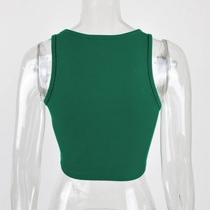 Detail view of the ribbed knit texture and U-shaped back neck of the dark green tank top