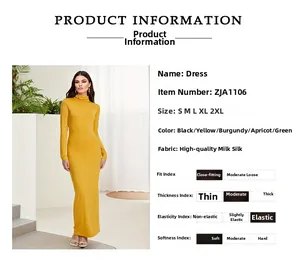 Detail view of ginger yellow bodycon midi dress featuring a turtleneck and long sleeves