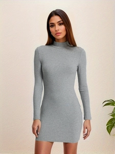 Slim fit grey ribbed knit mini dress with half-high collar and long sleeves for women