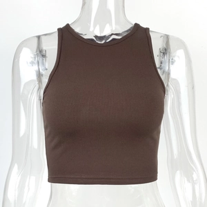 Detailed view of dark brown ribbed knit fabric on a slim fit cropped tank top