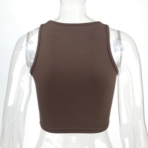 Detailed back view of a dark brown ribbed knit crop top featuring a racerback design