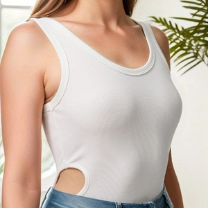 Slim-fit white ribbed bodysuit with u-neck and stylish waist cut-out for women