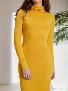 Detail of ginger high-neck long-sleeve bodycon dress with premium knit fabric texture