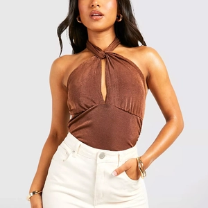 Body Donna Sexy Halter Twist Effetto Metallizzato Shimmer Cut Out Frontale Schiena Scoperta Slim Fit Top Senza Maniche Clubwear