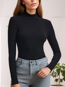 Body noir ajusté en coton côtelé à col montant et manches longues pour femmes