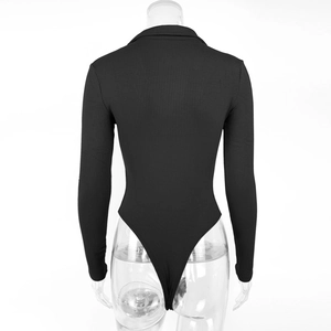 Detailed back view of a slim fit black ribbed long sleeve bodysuit with polo collar