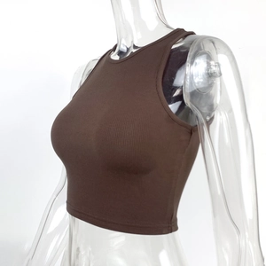 Side view of brown ribbed cotton racerback crop top on transparent mannequin