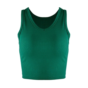 Detail of ribbed knit texture and reinforced V-neck stitching on dark green crop top