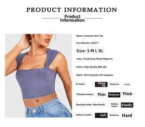 Detail view of cropped tank tops in purple, black, and rose red with fabric specs