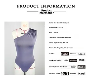 Detail view of purple one-shoulder bodysuit fabric texture and material specifications