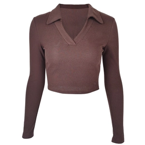 Detailed view of coffee brown ribbed knit cropped top with Polo collar and V-neckline