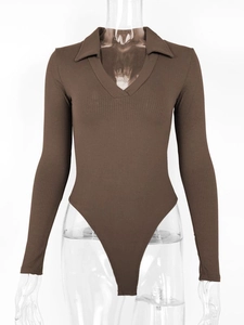 Slim fit ribbed long sleeve bodysuit with polo collar in dark brown color for women