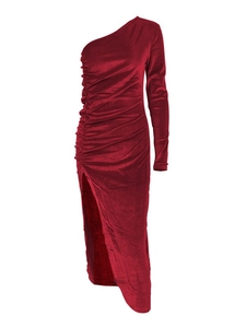 Deep red velvet one-shoulder evening dress with side ruching and a high slit