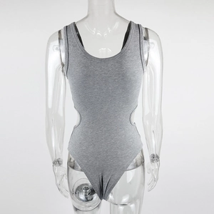 Detail of grey ribbed knit bodysuit featuring U-neckline and waist cut-outs on sides