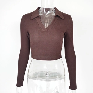Detail of coffee brown ribbed knit fabric on a long sleeve cropped Polo top