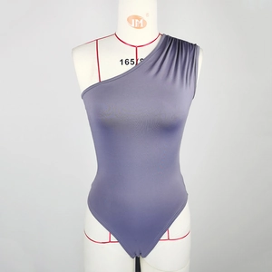 Close-up of lavender one-shoulder bodysuit with elegant side pleats and slim fit design