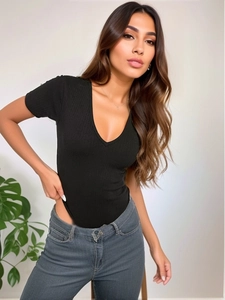 Close-up of black ribbed knit bodysuit with deep V-neck and slim fit short sleeves