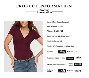 Detailed chart showing fabric composition and fit specs for the burgundy ribbed bodysuit