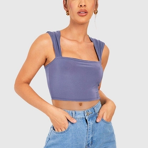 Macro detail of the square neckline and lilac knit fabric texture on this slim crop top