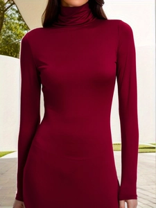 Detail of burgundy high-neck long-sleeve bodycon dress showing slim fit elastic fabric
