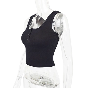 Close-up of black ribbed knit crop top featuring Henley button neckline and slim fit design